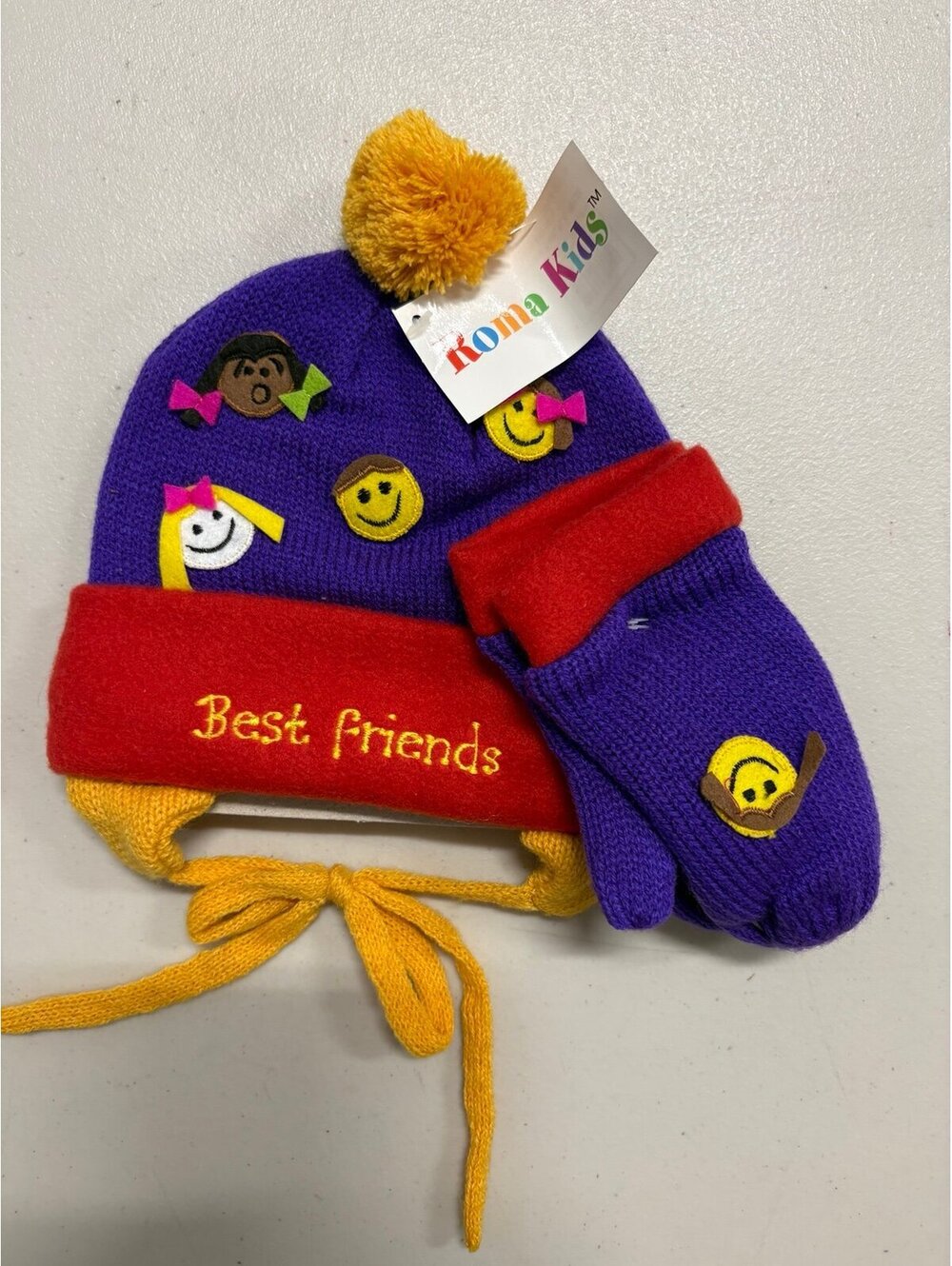 Roma Kids Toddler Girls Best Friends Knit Hat Mittens Set NWT Purple Red Smiley